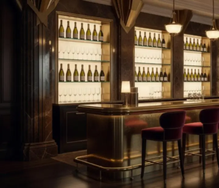 Art deco stílusú borbár arany fényekkel és elegáns borospulttal