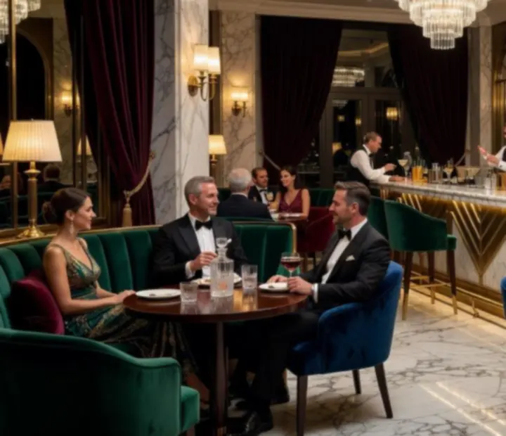 Art deco inspirációjú bárbelső márvány pulttal és velúr székekkel, gyertyafényes hangulatban