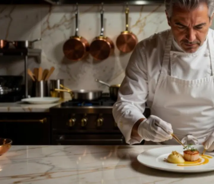Séf munka közben, gourmet fogást készít elegáns tálalással a Tisza Novat konyháján