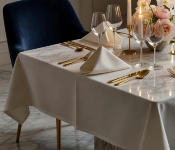 Márvány asztal, kristálypoharak és gyertyafényes terítés a Tisza Novat fine dining termében