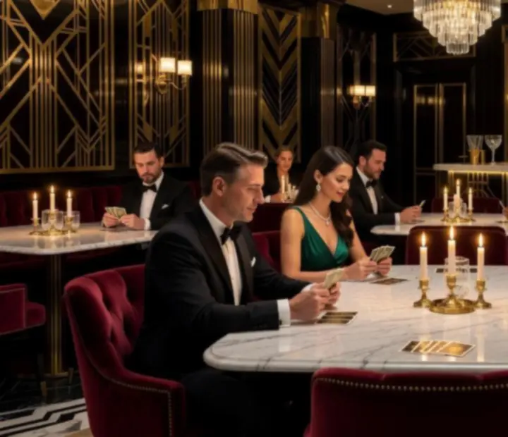 Elegáns, gyertyafényes póker est luxus éttermi környezetben, gourmet fogásokkal terített asztalokkal