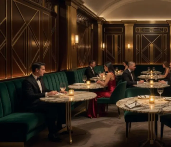 Art Deco stílusú, gyertyafényes Tisza Novat étterem belső tér márványasztalokkal és bársonyszékekkel