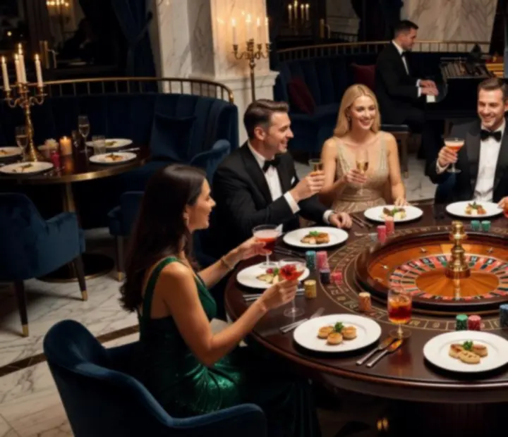 Elegáns rulettest hangulatképei: gourmet fogások, Art Deco dekoráció és rulettasztal a Tisza Novatban.