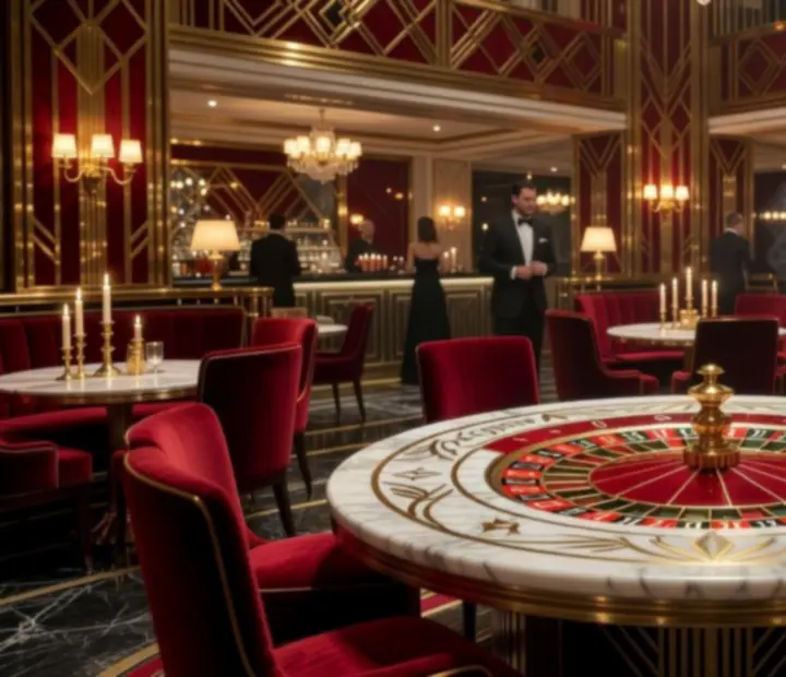 Art Deco rulett hangulat bársonyos székekkel és gyertyafénnyel a Tisza Novat étteremben.